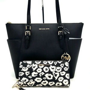 Michael Kors Large Charlotte Tote Bag & Large Continental Wallet Wristlet Black